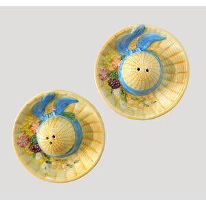 Sun Hat Shaped Salt Pepper Shakers Yellow Blue 4" Floral Design Ceramic